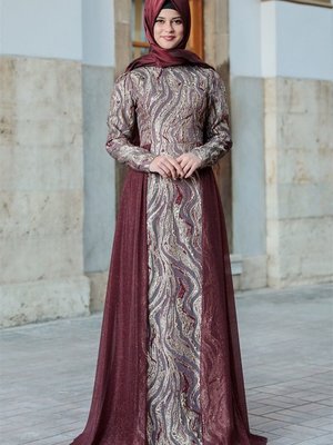 Bordo Simli Abiye Elbise Bordo Simli Abiye Elbise