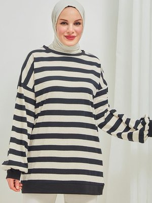 Orta Çizgili Salaş Sweatshırt Siyah