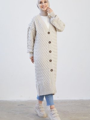 Arene Uzun Örgülü Düğmeli Triko Hırka Krem