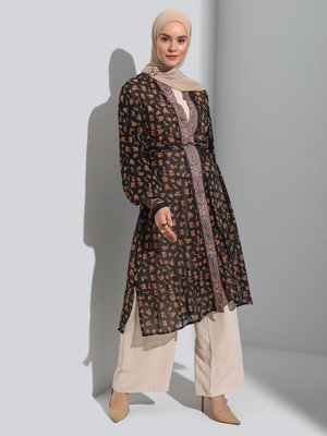 Balon Kollu Şifon Abaya Ferace Kimono Siyah Desenli