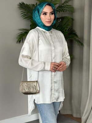 Taşlı Saten Gömlek Ekru