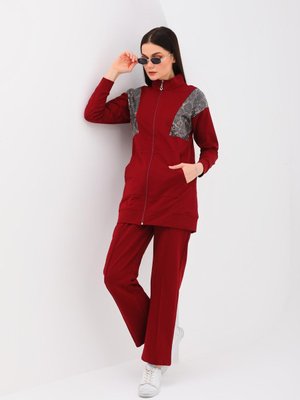 Bordo Leopar Pul Payetli İkili Spor Takım