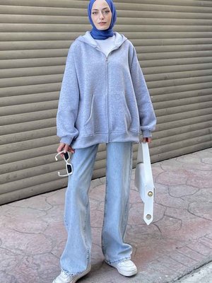 Ön Fermuarlı Düz Sweatshirt