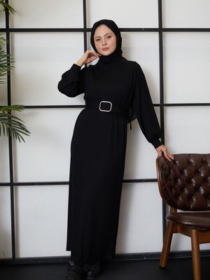 Siyah Saç Örgü Reglan Kol Elbise