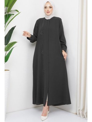 Antrasit Damla Taşlı Büyük Beden Ferace