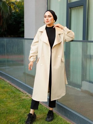 Modest Basic Kaliteli Mevsimlik Tarz Kolları Ipli Düğmeli Kuşaklı Kap Trençkot