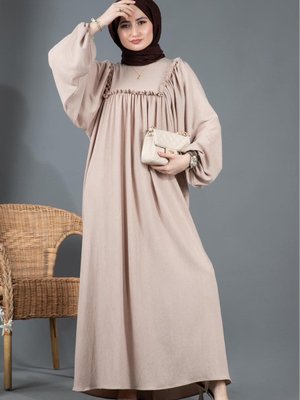 Fırfırlı Robalı Bürümcük Elbise Bej Fırfırlı Robalı Bürümcük Elbise Bej