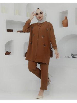 Kahverengi Taş Işlemeli Keten Kumaş Alt Üst Takım