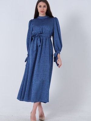 Mavi Kolları Ve Yakası Taş İşlemeli Beli Lastikli Elbise Mavi Kolları Ve Yakası Taş İşlemeli Beli Lastikli Elbise