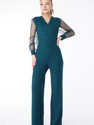 Zumrut Kruvaze Yaka Kollu Tül Detaylı Tulum