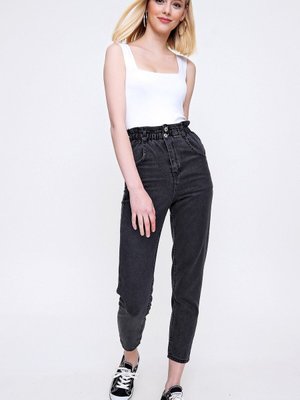 Füme Bel Büzgü Lastikli Jean Pantolon