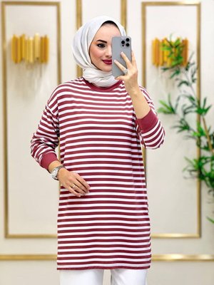 Ince Terletmeyen Kumaş Mevsimlik Çizgili Tunik