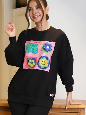 Siyah Sıfır Yaka Çiçek Baskılı Sweatshirt