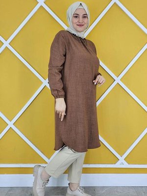 Kadın Kolları Dikim Ve Taş Detaylı Tesettür Keten Tunik