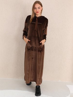 Kahverengi Taş Baskılı Kanguru Cep Kadife Uzun Kahve Spor Elbise Kahverengi Taş Baskılı Kanguru Cep Kadife Uzun Kahve Spor Elbise