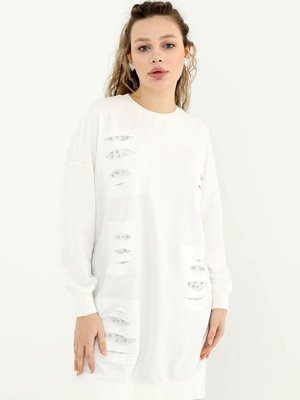 Ekru Puane Taşlı Sweat