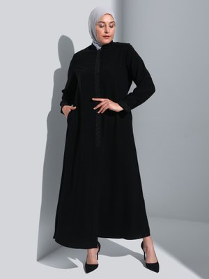 Siyah Büyük Beden Gizli Fermuarlı Sim Detaylı Ferace