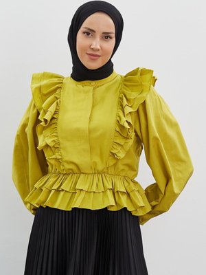 Fırfır Detaylı Kısa Gömlek Yağ Yeşili Fırfır Detaylı Kısa Gömlek Yağ Yeşili