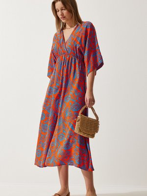 Oranj Mavi Anvelop Yaka Desenli Yazlık Viskon Elbise