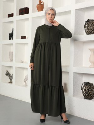 Boydan Fermuarlı Ferace Haki