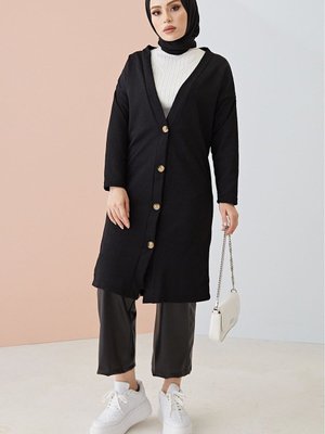 Düğme Detaylı Uzun Hırka Siyah Düğme Detaylı Uzun Hırka Siyah