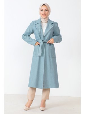 Mavi Beli Kuşaklı Kaşe Kaban Mavi Beli Kuşaklı Kaşe Kaban