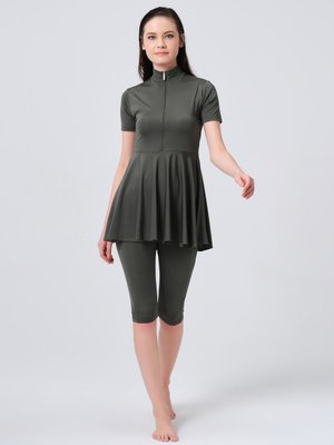 Haki Kloş Etekli Yarım Kol Yarı Kapalı Mayo