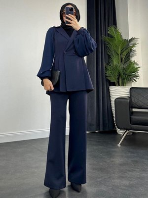 Kolu Şifon Ceket Takım Lacivert