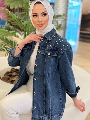 Koyu Mavı Taşlı Kot Ceket