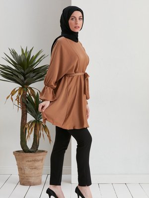 Bel Büzgülü Kuşaklı Tunik Taba Bel Büzgülü Kuşaklı Tunik Taba