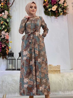 Güğüs Kısmı Gizli Düğmeli Bel Kuşaklı Baskı Desenli Tulum Mint