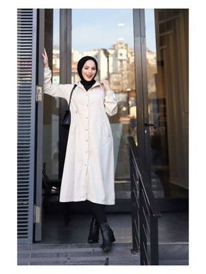 Kapüşonlu Kap Denim Pardesü/ Ekru