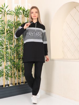 Gri Siyah Çıtçıtlı Nakışlı Kapüşonlu Eşofman Takımı