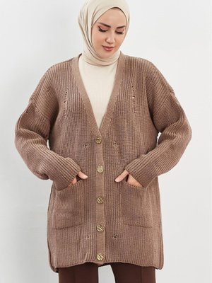 Düğmeli Yırtık Detaylı Hırka Vizon Düğmeli Yırtık Detaylı Hırka Vizon