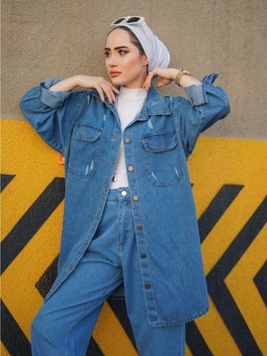 Uzun Yıpratmalı Kot Ceket Uzun Yıpratmalı Kot Ceket