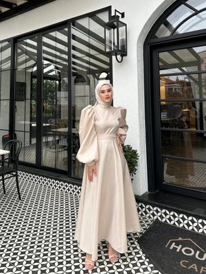 Bej Simli Tesettür Abiye Elbise