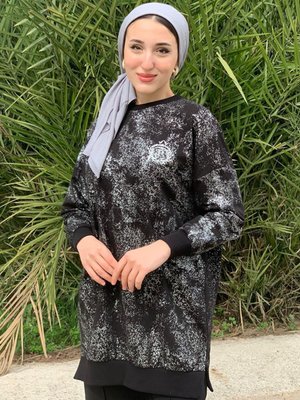 Siyah Puane Parlak Baskılı Tunik