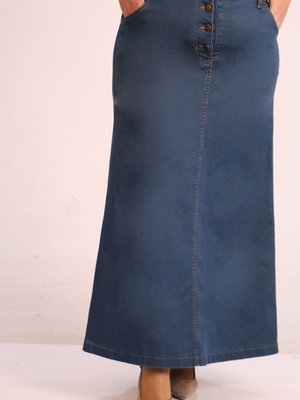 Yeşil Büyük Beden Önden Düğmeli Petrol Uzun Kot Etek