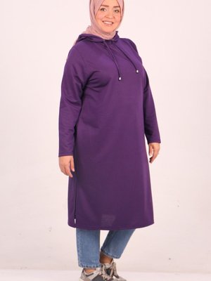 Mor Büyük Beden Kapüşonlu İki İplik Tunik
