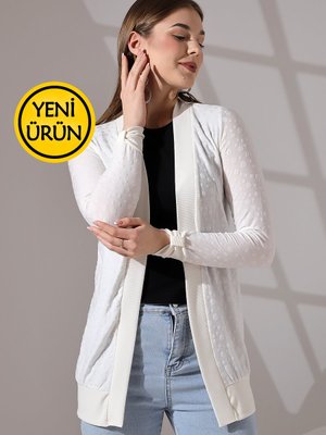 Yaka Ve Kol Bant Detaylı Puantiye Jakarlı Esnek Penye Uzun & Hırka Yaka Ve Kol Bant Detaylı Puantiye Jakarlı Esnek Penye Uzun & Hırka