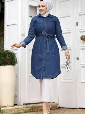 Boydan Düğmeli Cepli Kot Tunik Mavi