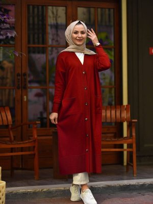 Bordo Düğmeli Cepli Uzun Triko Hırka