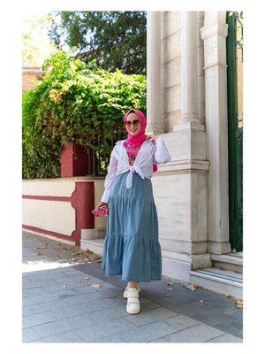 Büzgülü Beli Lastikli Kot Etek Mavi