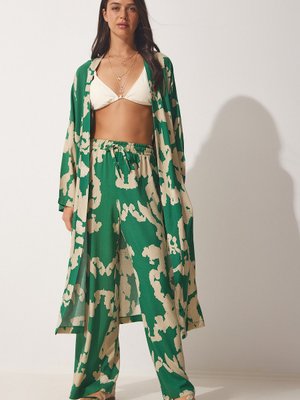 Yeşil Bej Desenli Viskon Kimono Palazzo Pantolon Takım