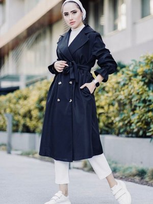 Kol Büzgülü Kemerli Trençkot Siyah