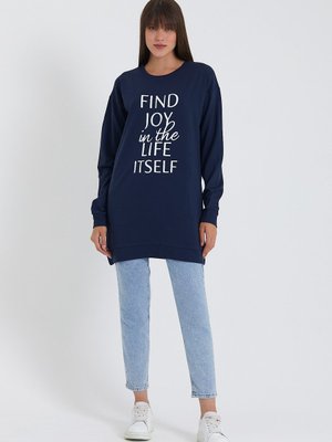 Açık Lacivert Bisiklet Yaka Baskı Detaylı Örme Sweatshirt Açık Lacivert Bisiklet Yaka Baskı Detaylı Örme Sweatshirt