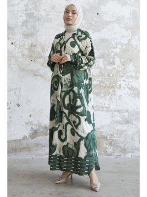 Yeşil Gömlek Yaka Desenli Viskon Elbise