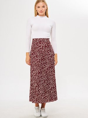 Kırmızı Çıtır Desen Uzun Pileli Çiçek Desenli Yazlık Krep Etek,