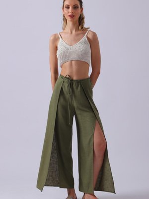 Haki Yüksel Bel Lastikli Yırtmaçlı Pantolon Haki Yüksel Bel Lastikli Yırtmaçlı Pantolon