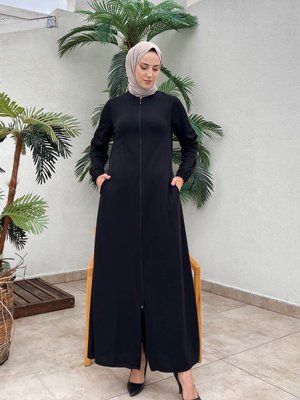 Fermuarlı Cepli Geniş Beden Aralığı Ferace Siyah